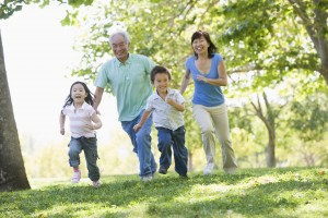 Grandparents running with grandchildren